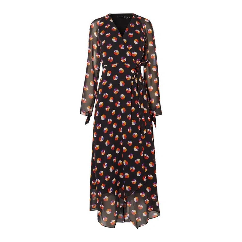 Karen Millen Black Sheer Sleeve Wrap Dress sz 4 Color Pop Wrap Dress - Picture 1 of 15